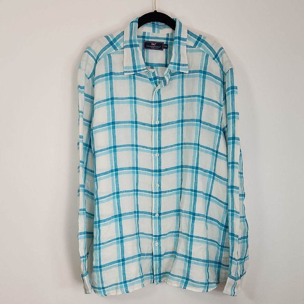 Vineyard Vines Linen Teal Blue White Windowpane Plaid Button Up Shirt XLARGE